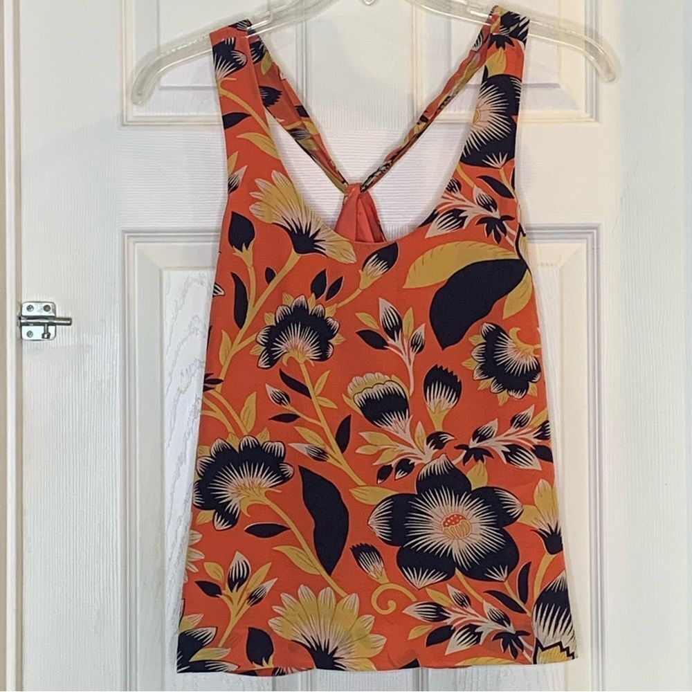 J. Crew Coral and Navy Floral Tank Top Twist Back Size 8